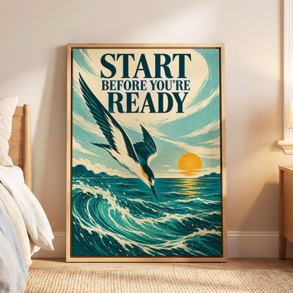 Start Before Ready, blue, beige, orange nature wall art displayed in a styled interior, gallery view 6