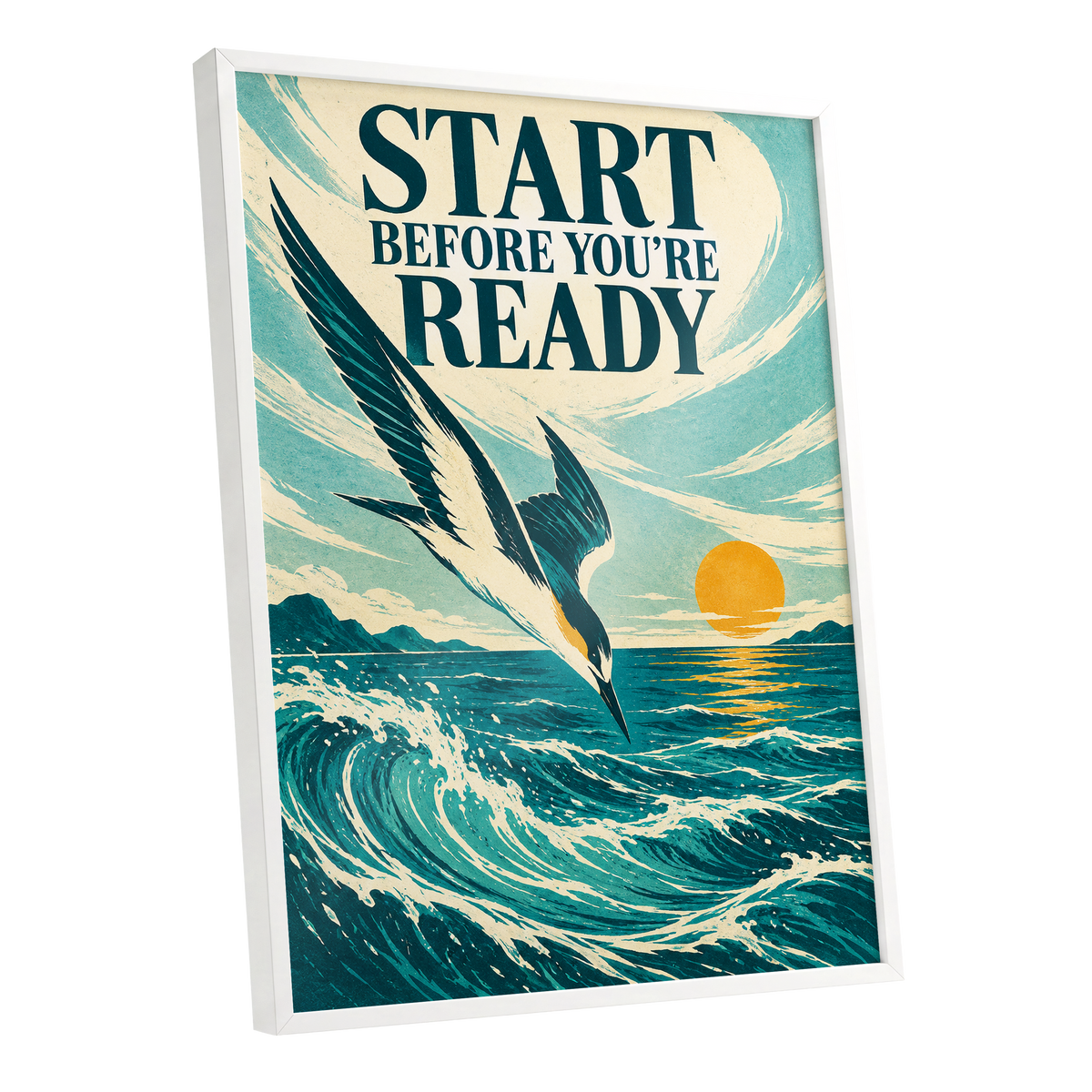 Start Before Ready, blue, beige, orange nature wall art shown as a white framed poster wall art print