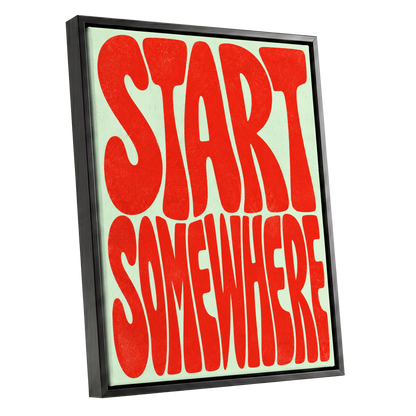 Start Somewhere, red, green abstract wall art shown as a black framed canvas wall art
