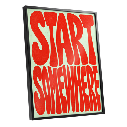 Start Somewhere, red, green abstract wall art shown as a black framed poster wall art print