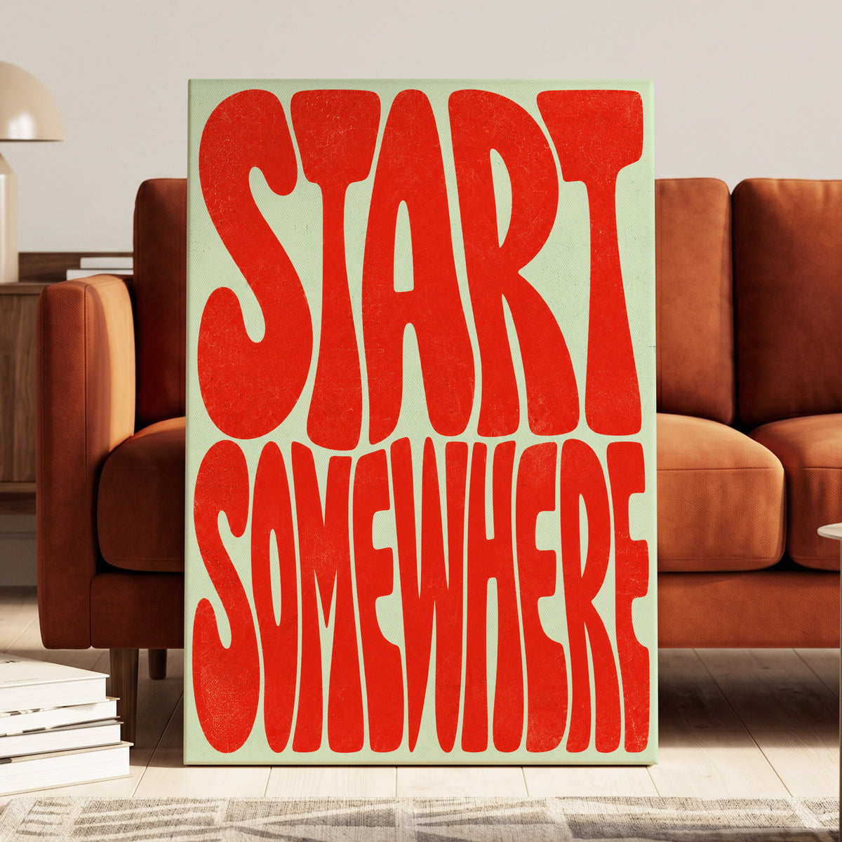 Start Somewhere, red, green abstract wall art on canvas displayed in a styled interior, gallery view 1