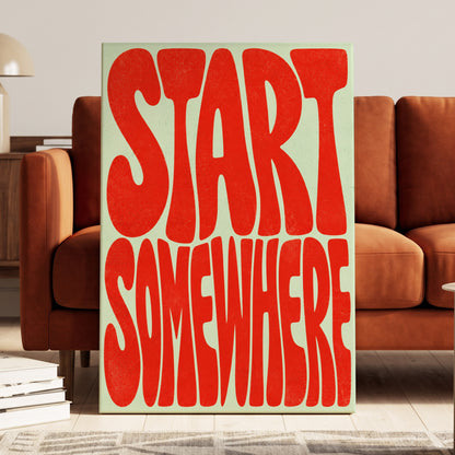 Start Somewhere, red, green abstract wall art on canvas displayed in a styled interior, gallery view 1