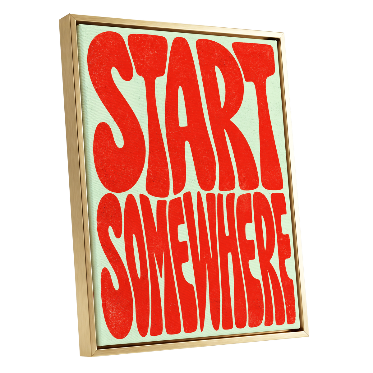 Start Somewhere, red, green abstract wall art shown as a gold framed canvas wall art