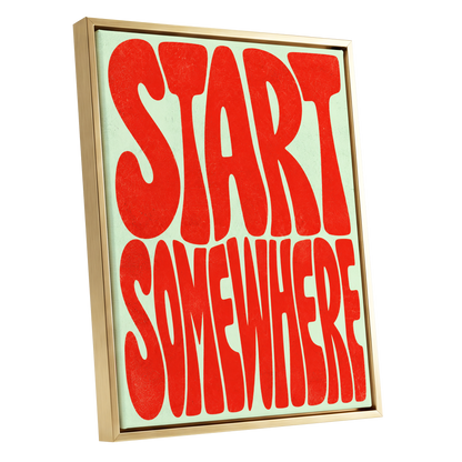 Start Somewhere, red, green abstract wall art shown as a gold framed canvas wall art