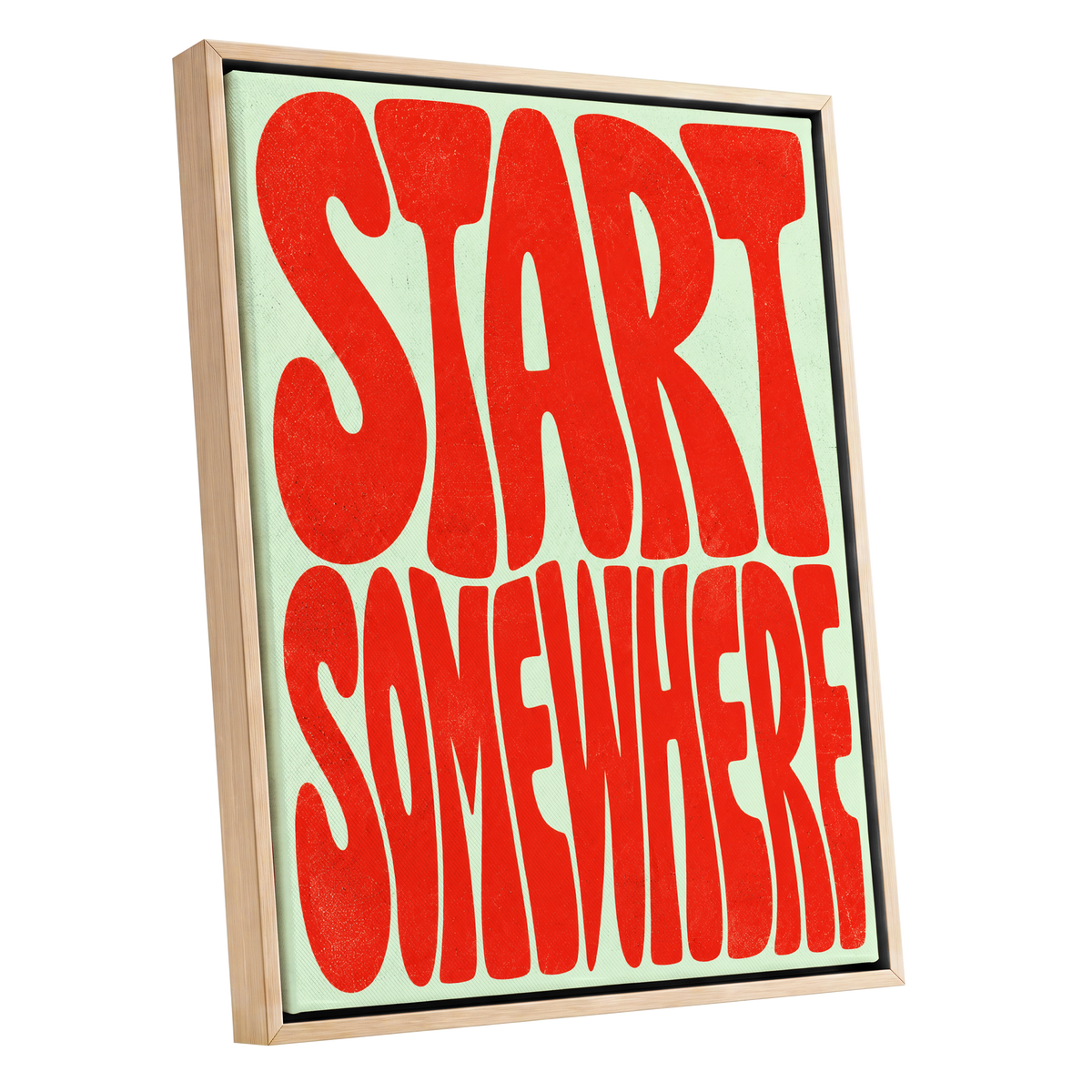 Start Somewhere, red, green abstract wall art shown as a oak framed canvas wall art