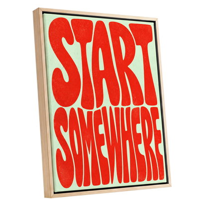 Start Somewhere, red, green abstract wall art shown as a oak framed canvas wall art