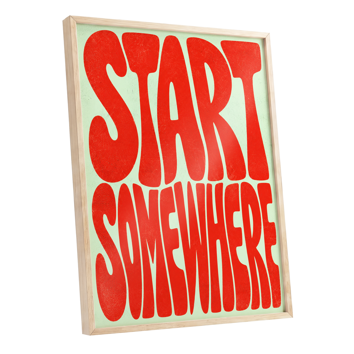 Start Somewhere, red, green abstract wall art shown as a oak framed poster wall art print