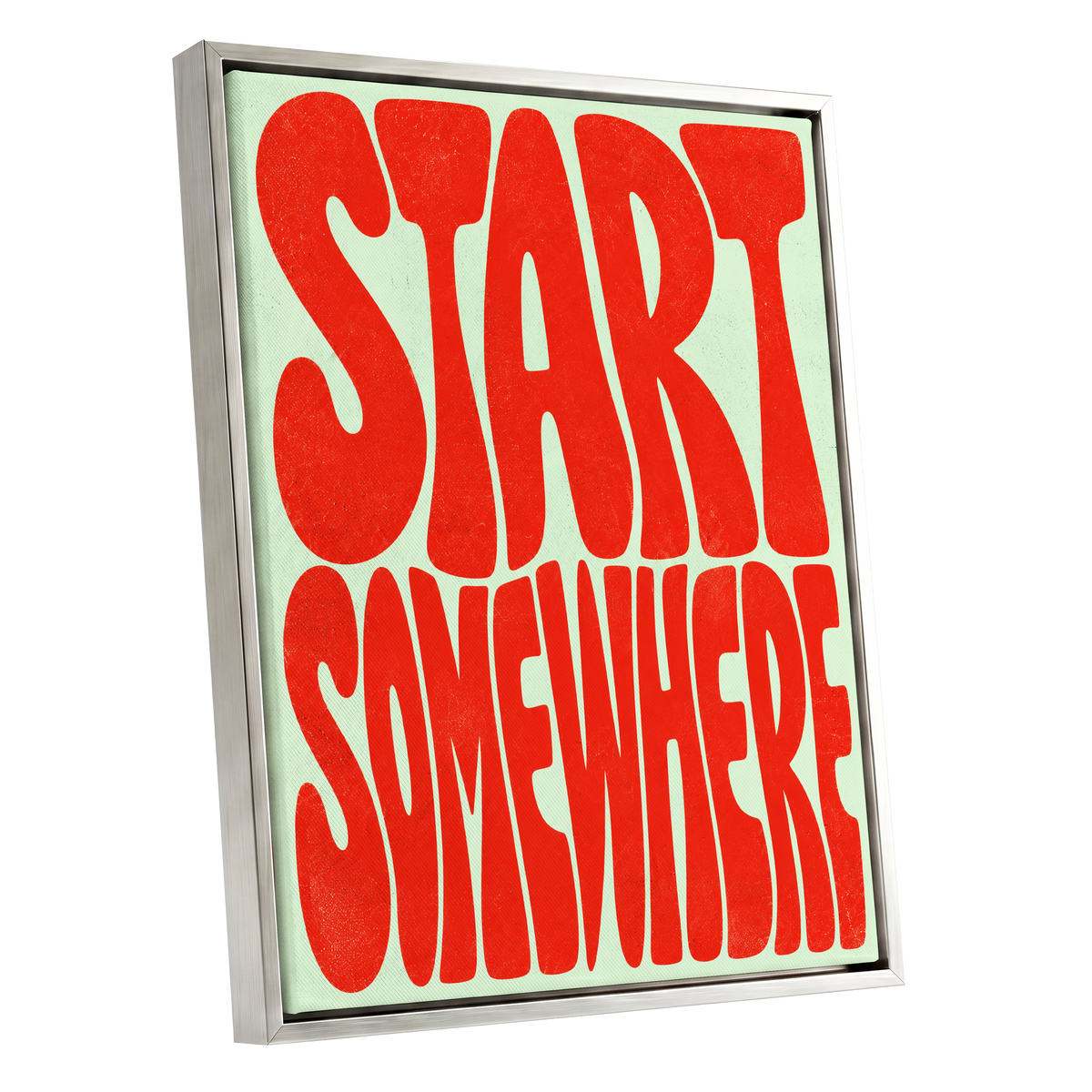 Start Somewhere, red, green abstract wall art shown as a silver framed canvas wall art