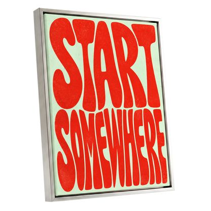 Start Somewhere, red, green abstract wall art shown as a silver framed canvas wall art