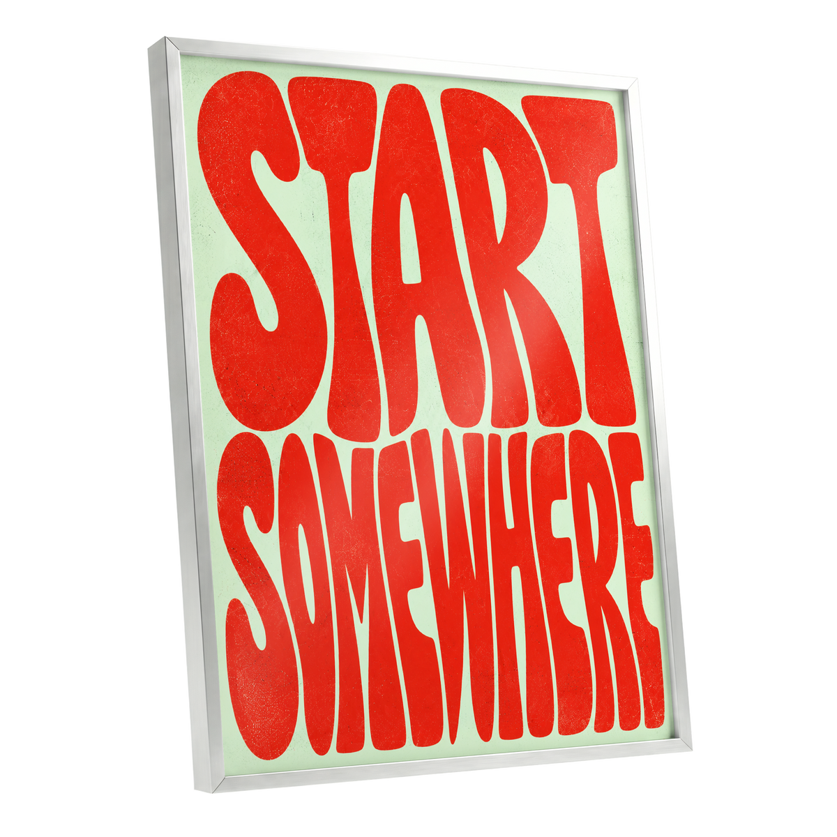 Start Somewhere, red, green abstract wall art shown as a silver framed poster wall art print