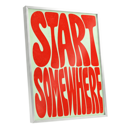 Start Somewhere, red, green abstract wall art shown as a silver framed poster wall art print