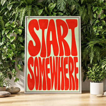Start Somewhere, red, green abstract wall art displayed in a styled interior, gallery view 1
