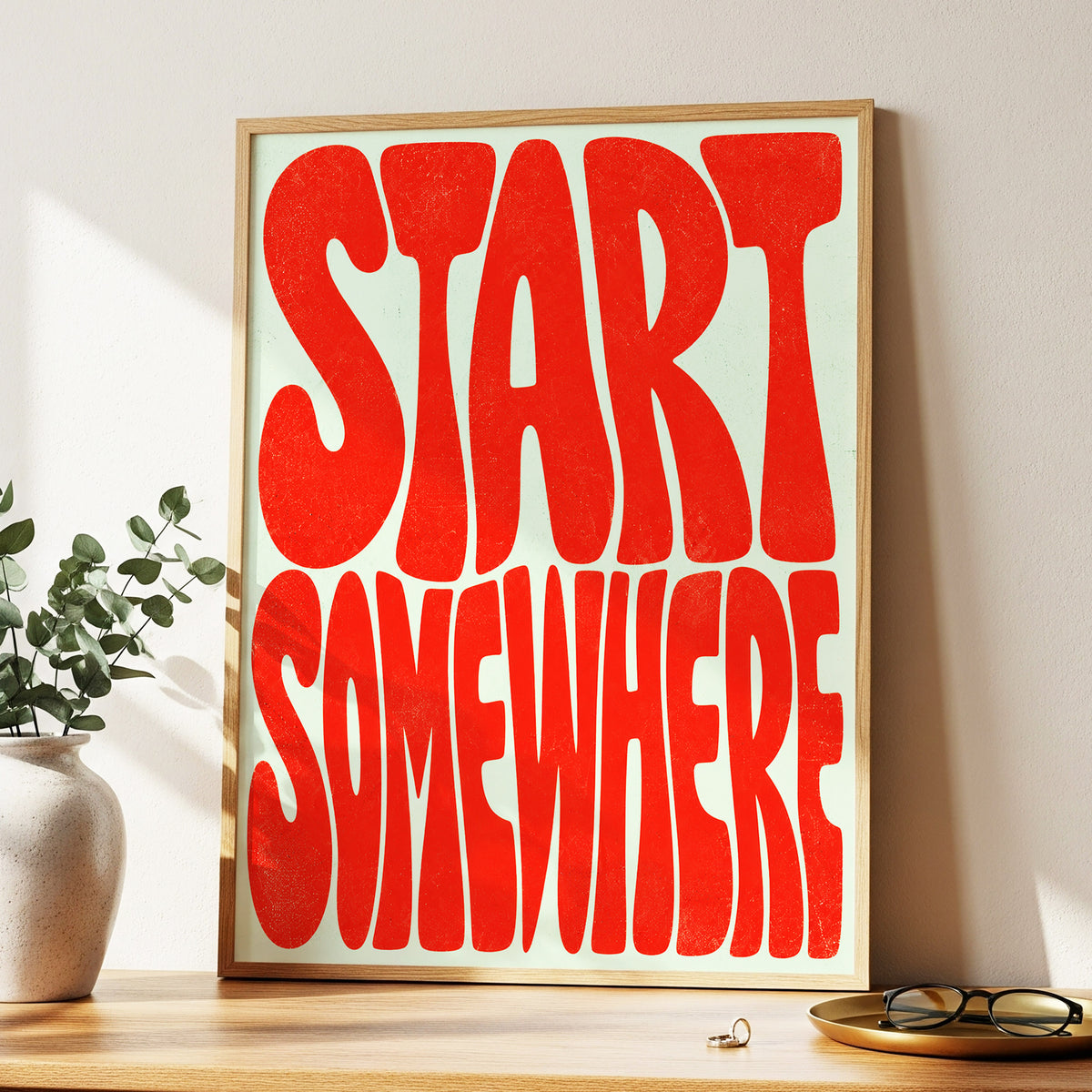 Start Somewhere, red, green abstract wall art displayed in a styled interior, gallery view 2