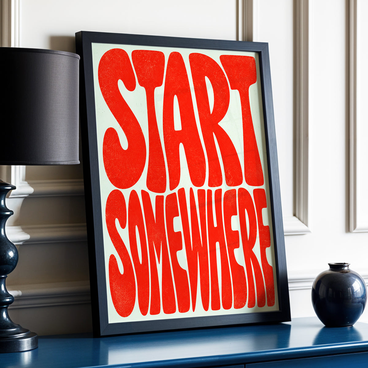 Start Somewhere, red, green abstract wall art displayed in a styled interior, gallery view 3