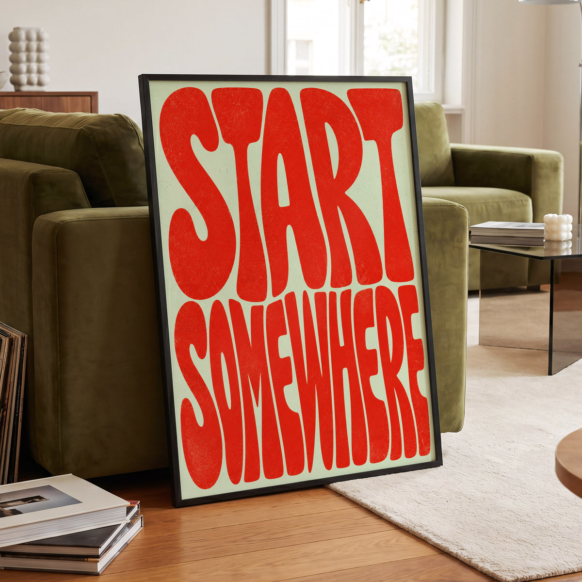 Start Somewhere, red, green abstract wall art displayed in a styled interior, gallery view 4