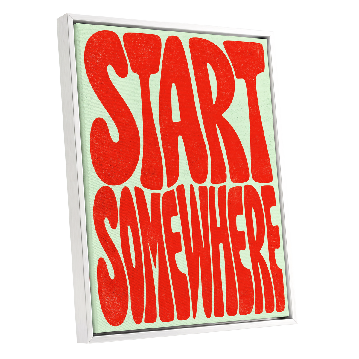 Start Somewhere, red, green abstract wall art shown as a white framed canvas wall art