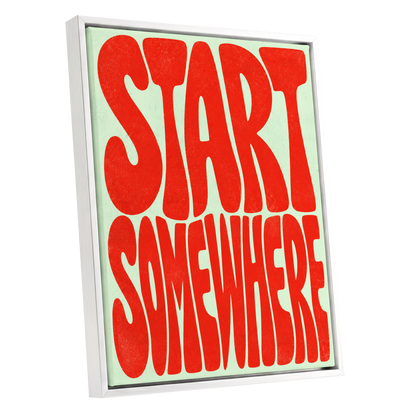 Start Somewhere, red, green abstract wall art shown as a white framed canvas wall art