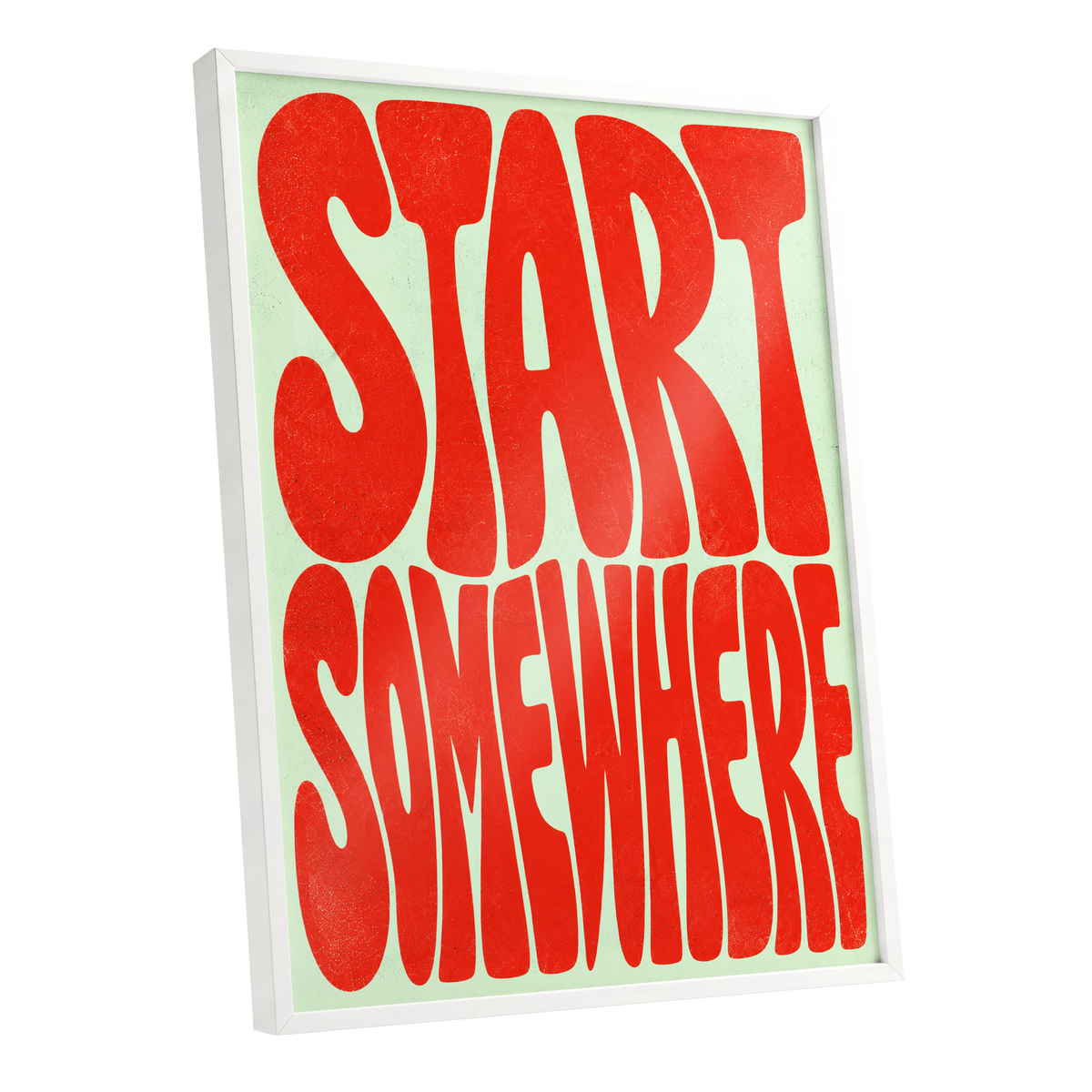 Start Somewhere, red, green abstract wall art shown as a white framed poster wall art print