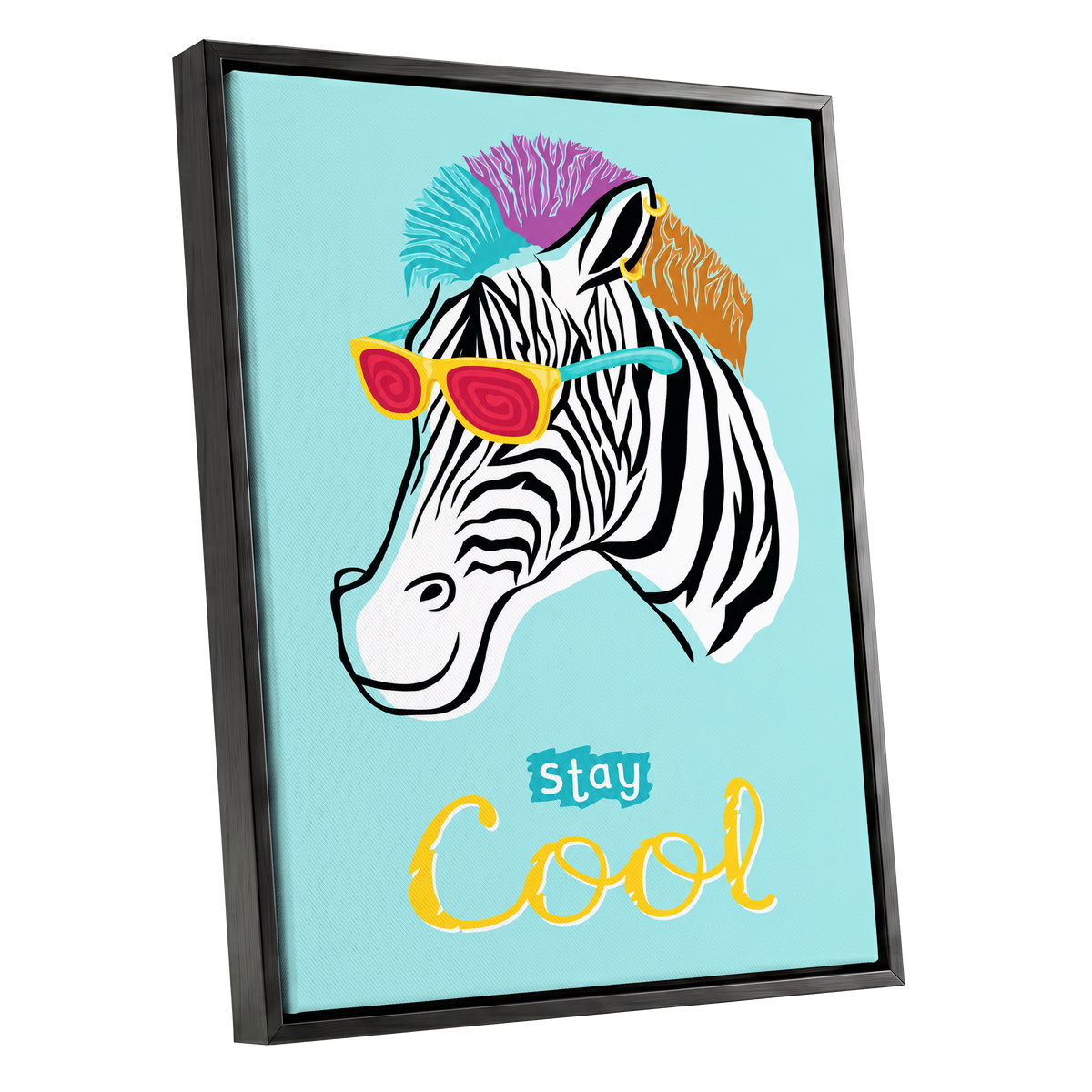 Stay Cool Zebra, blue, black, white nature wall art shown as a black framed canvas wall art