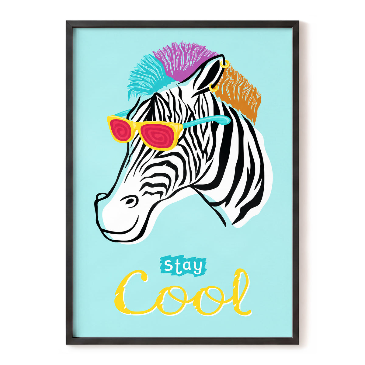 Stay Cool Zebra, blue, black, white nature wall art, front artwork view