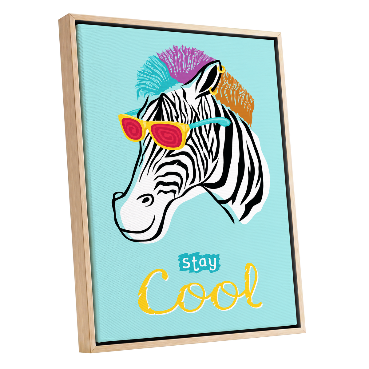 Stay Cool Zebra, blue, black, white nature wall art shown as a oak framed canvas wall art