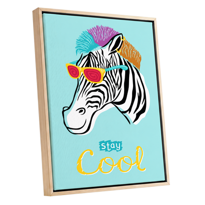 Stay Cool Zebra, blue, black, white nature wall art shown as a oak framed canvas wall art