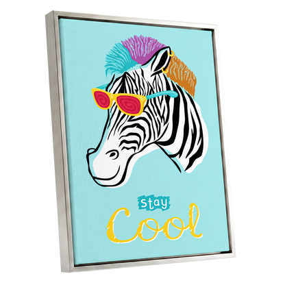 Stay Cool Zebra, blue, black, white nature wall art shown as a silver framed canvas wall art