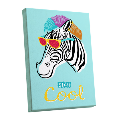 Stay Cool Zebra, blue, black, white nature wall art shown as a stretched canvas wall art