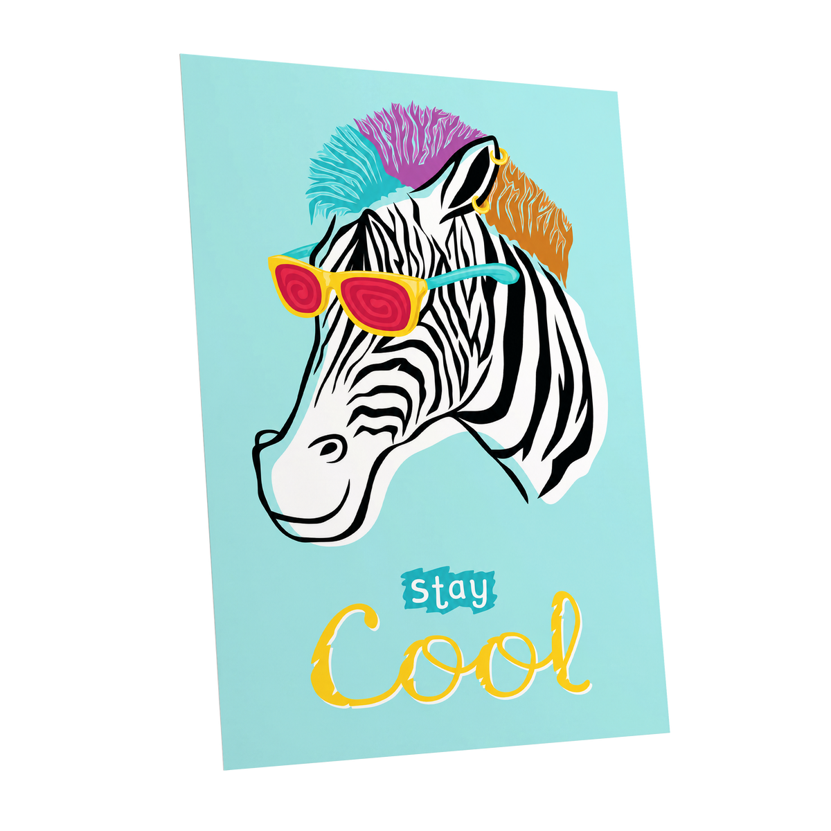 Stay Cool Zebra, blue, black, white nature wall art shown as a unframed poster wall art print