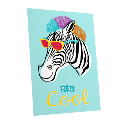Stay Cool Zebra, blue, black, white nature wall art shown as a unframed poster wall art print