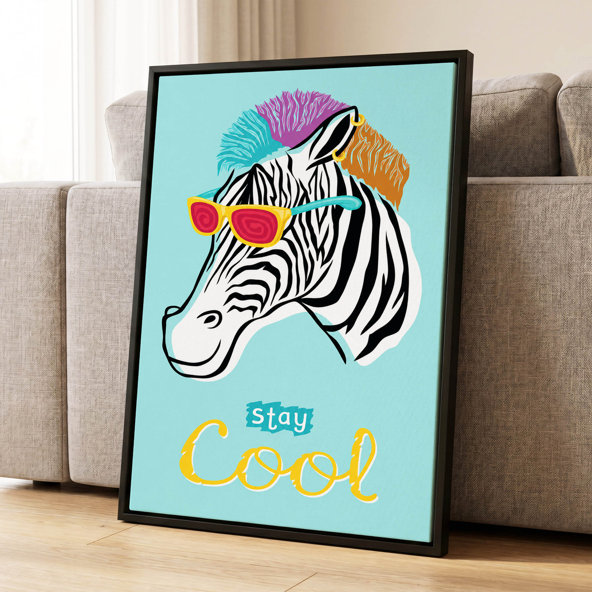 Stay Cool Zebra, blue, black, white nature wall art displayed in a styled interior, gallery view 1