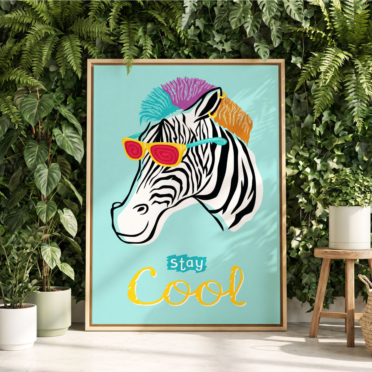 Stay Cool Zebra, blue, black, white nature wall art displayed in a styled interior, gallery view 2