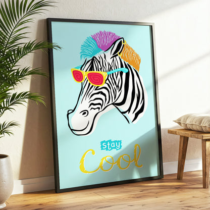 Stay Cool Zebra, blue, black, white nature wall art displayed in a styled interior, gallery view 3
