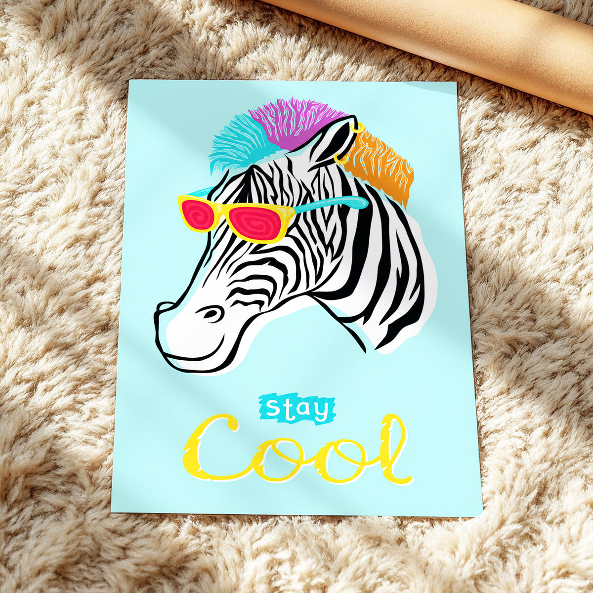Stay Cool Zebra, blue, black, white nature wall art displayed in a styled interior, gallery view 4