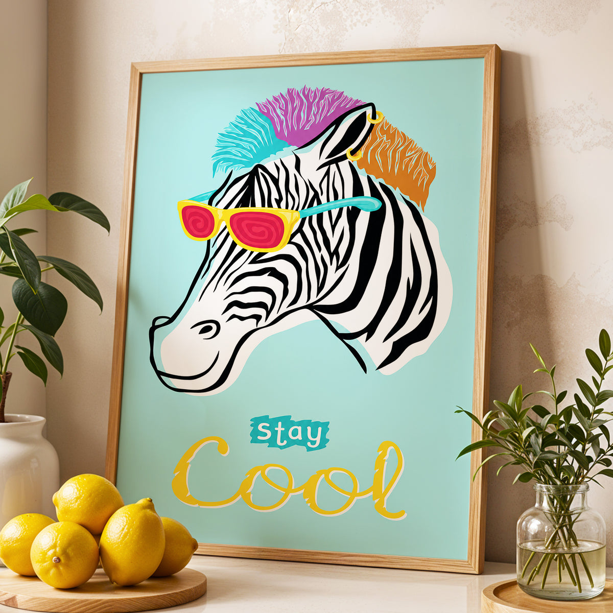 Stay Cool Zebra, blue, black, white nature wall art displayed in a styled interior, gallery view 5