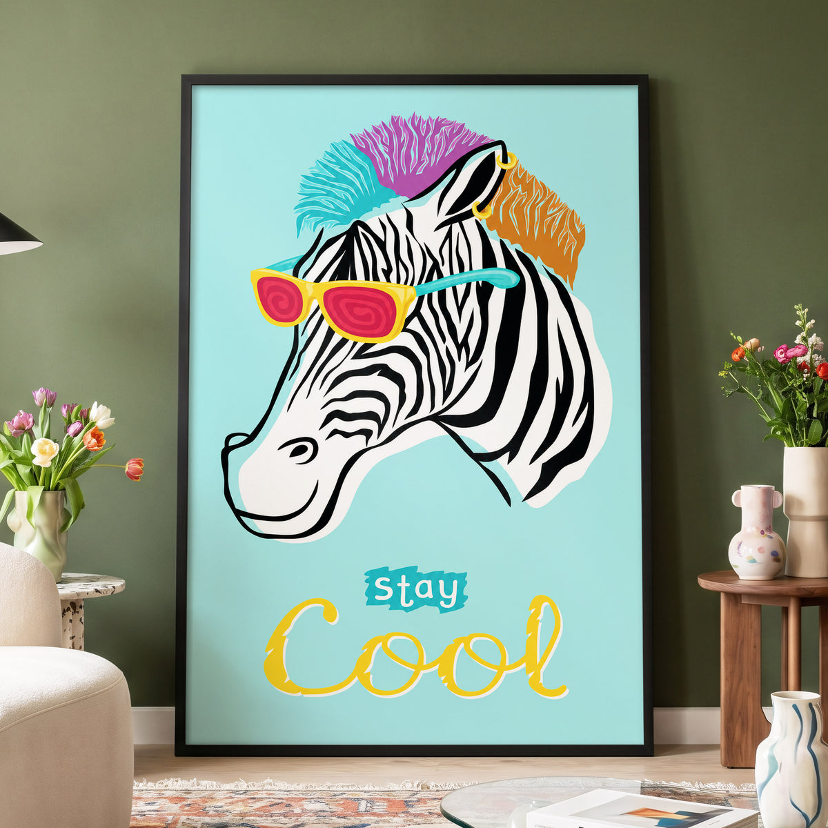 Stay Cool Zebra, blue, black, white nature wall art displayed in a styled interior, gallery view 6