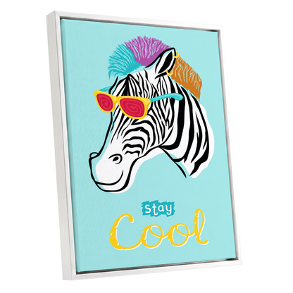 Stay Cool Zebra, blue, black, white nature wall art shown as a white framed canvas wall art