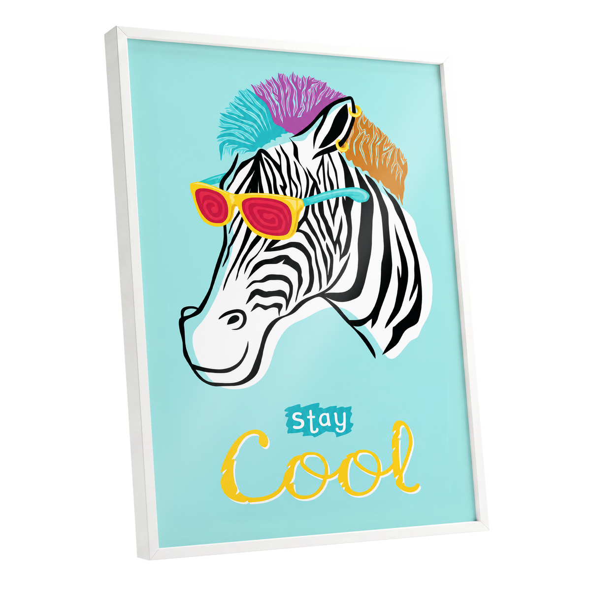 Stay Cool Zebra, blue, black, white nature wall art shown as a white framed poster wall art print
