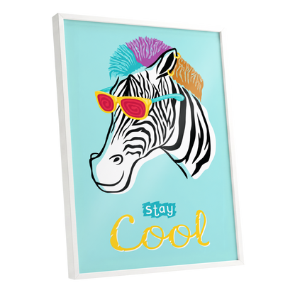 Stay Cool Zebra, blue, black, white nature wall art shown as a white framed poster wall art print