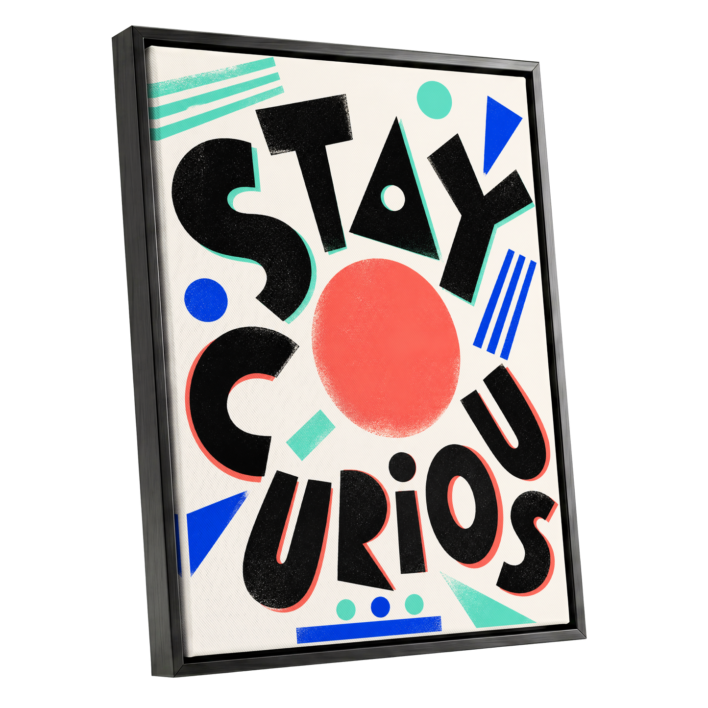 Stay Curious Geometry, black, beige, red abstract wall art shown as a black framed canvas wall art