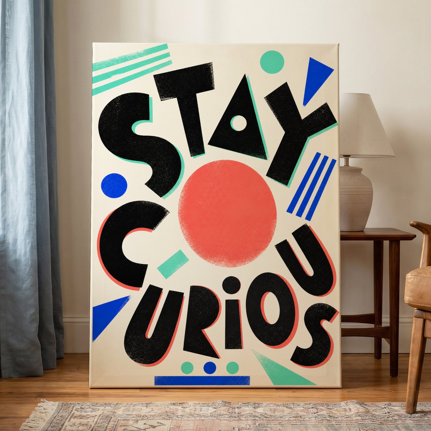 Stay Curious Geometry, black, beige, red abstract wall art on canvas displayed in a styled interior, gallery view 1