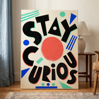 Stay Curious Geometry, black, beige, red abstract wall art on canvas displayed in a styled interior, gallery view 1