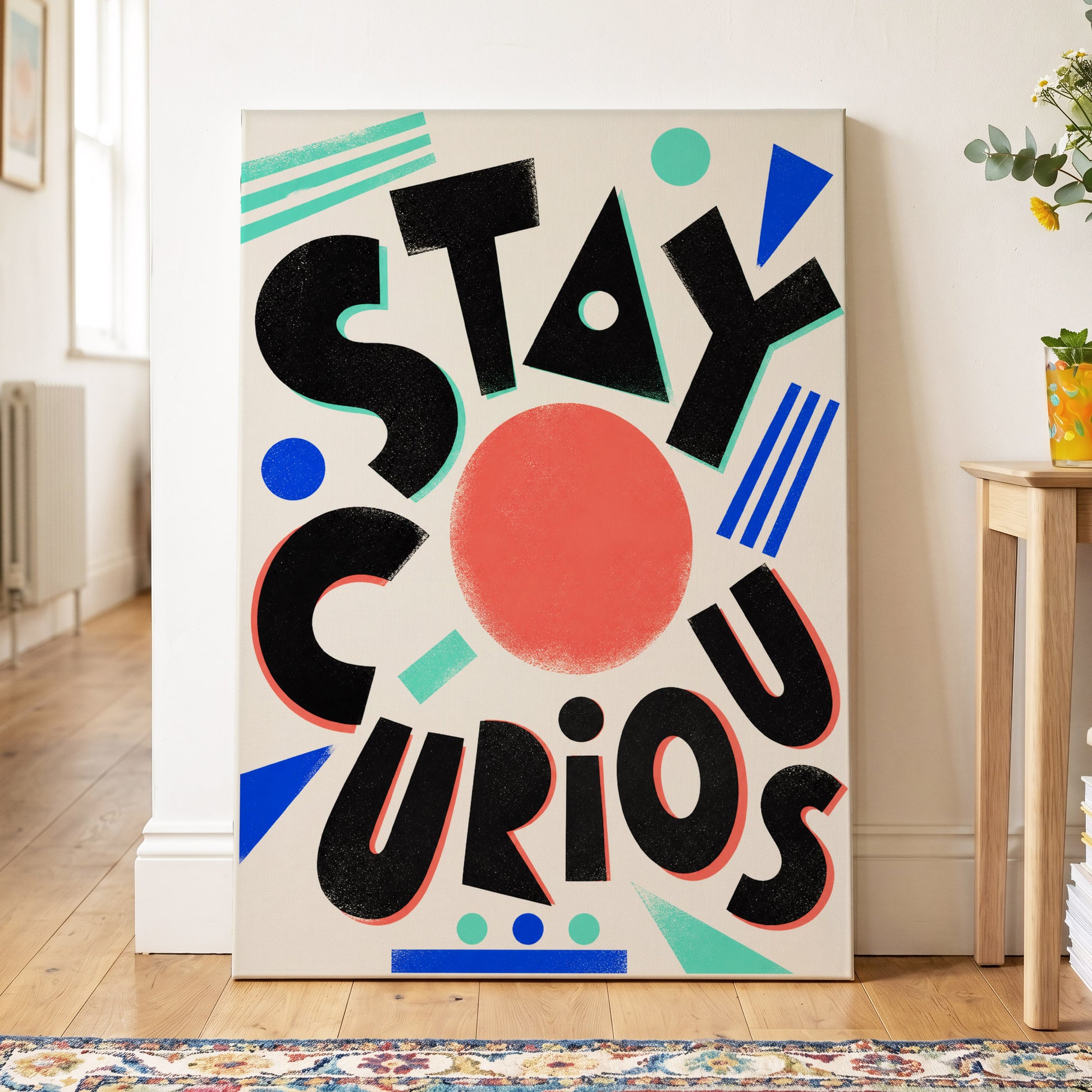 Stay Curious Geometry, black, beige, red abstract wall art on canvas displayed in a styled interior, gallery view 2