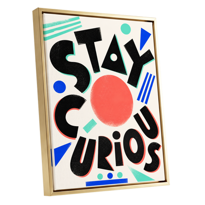 Stay Curious Geometry, black, beige, red abstract wall art shown as a gold framed canvas wall art