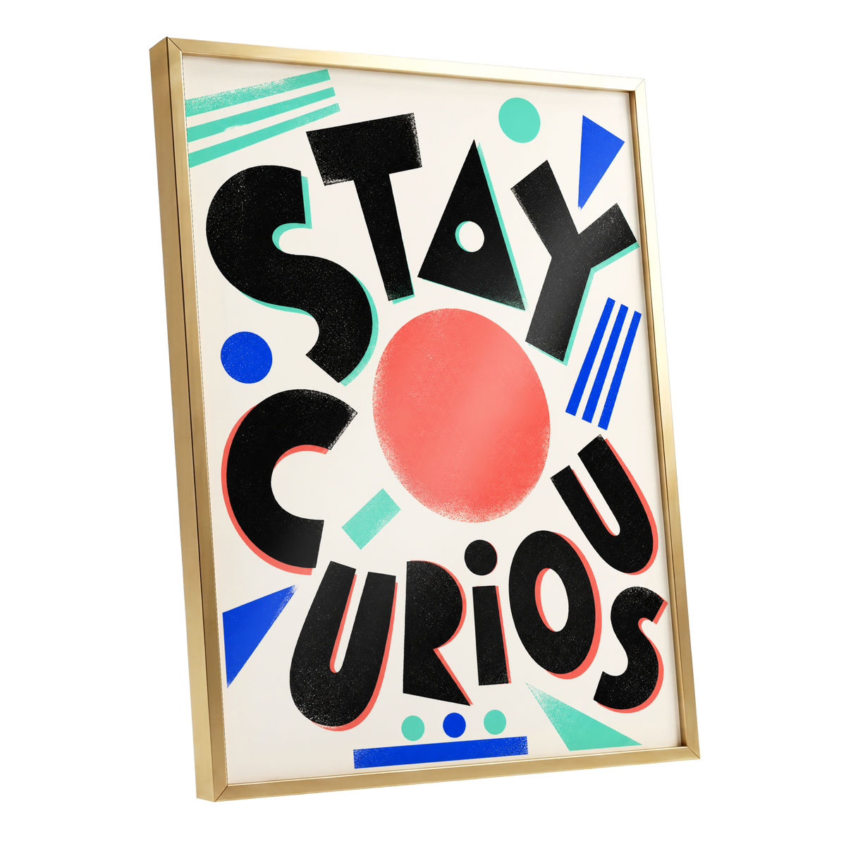 Stay Curious Geometry, black, beige, red abstract wall art shown as a gold framed poster wall art print