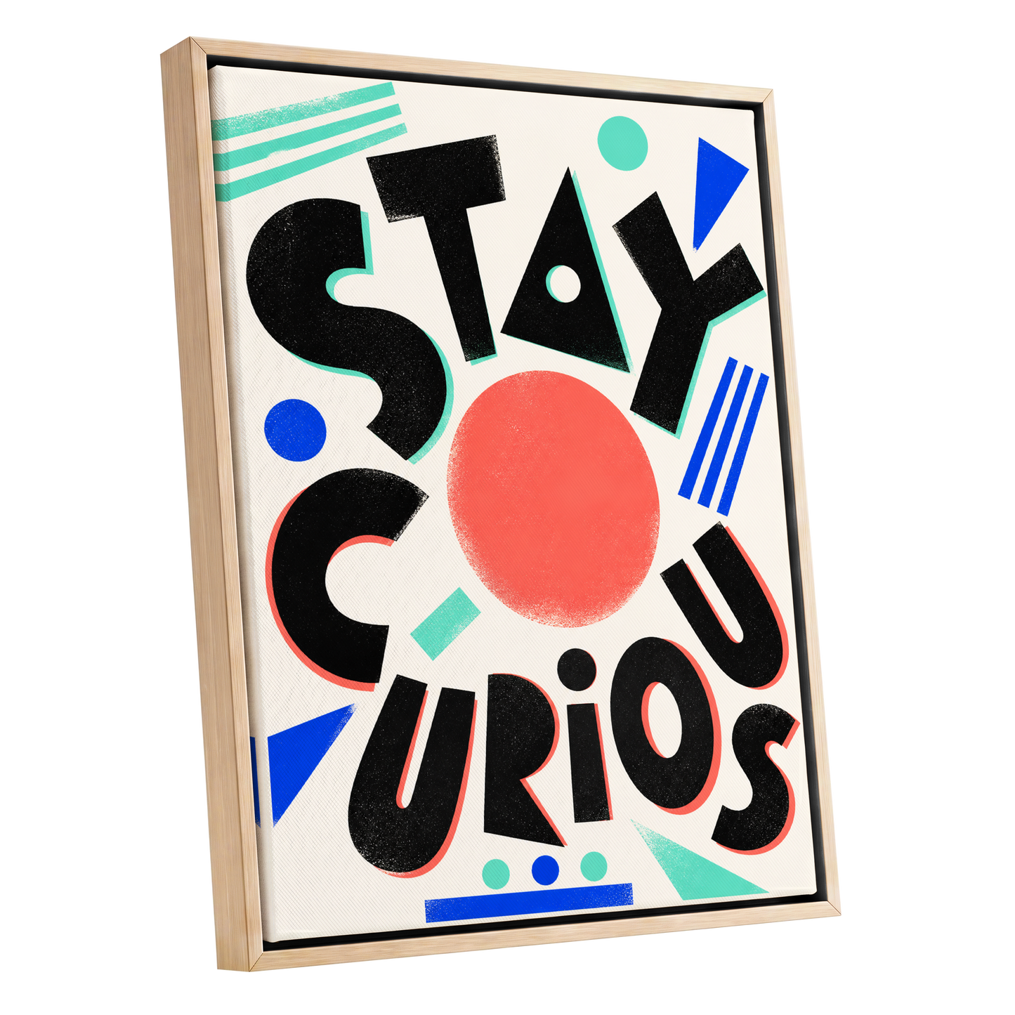 Stay Curious Geometry, black, beige, red abstract wall art shown as a oak framed canvas wall art