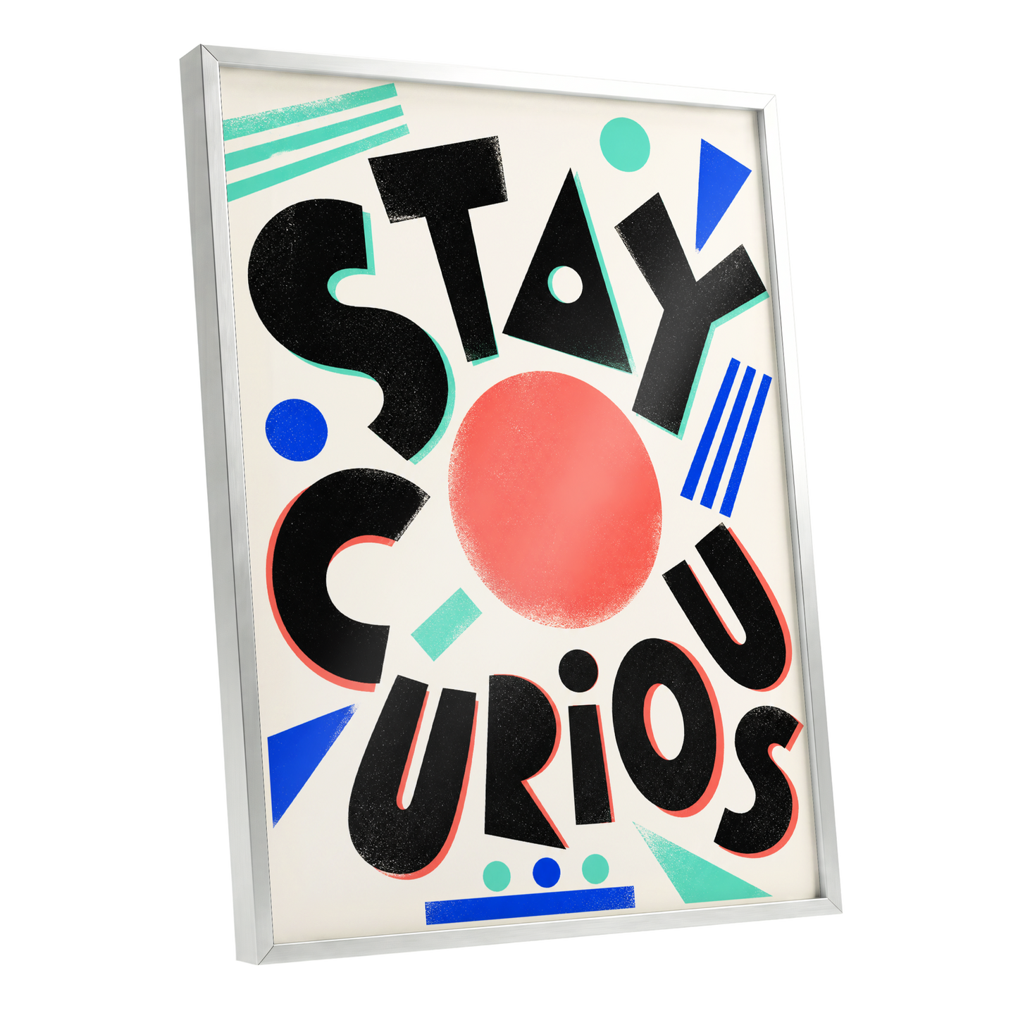 Stay Curious Geometry, black, beige, red abstract wall art shown as a silver framed poster wall art print