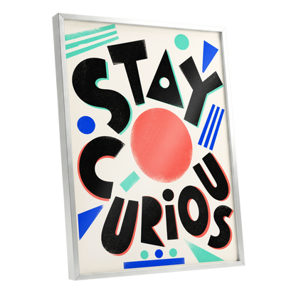 Stay Curious Geometry, black, beige, red abstract wall art shown as a silver framed poster wall art print