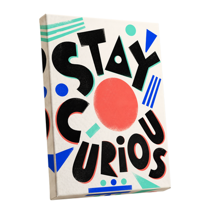 Stay Curious Geometry, black, beige, red abstract wall art shown as a stretched canvas wall art