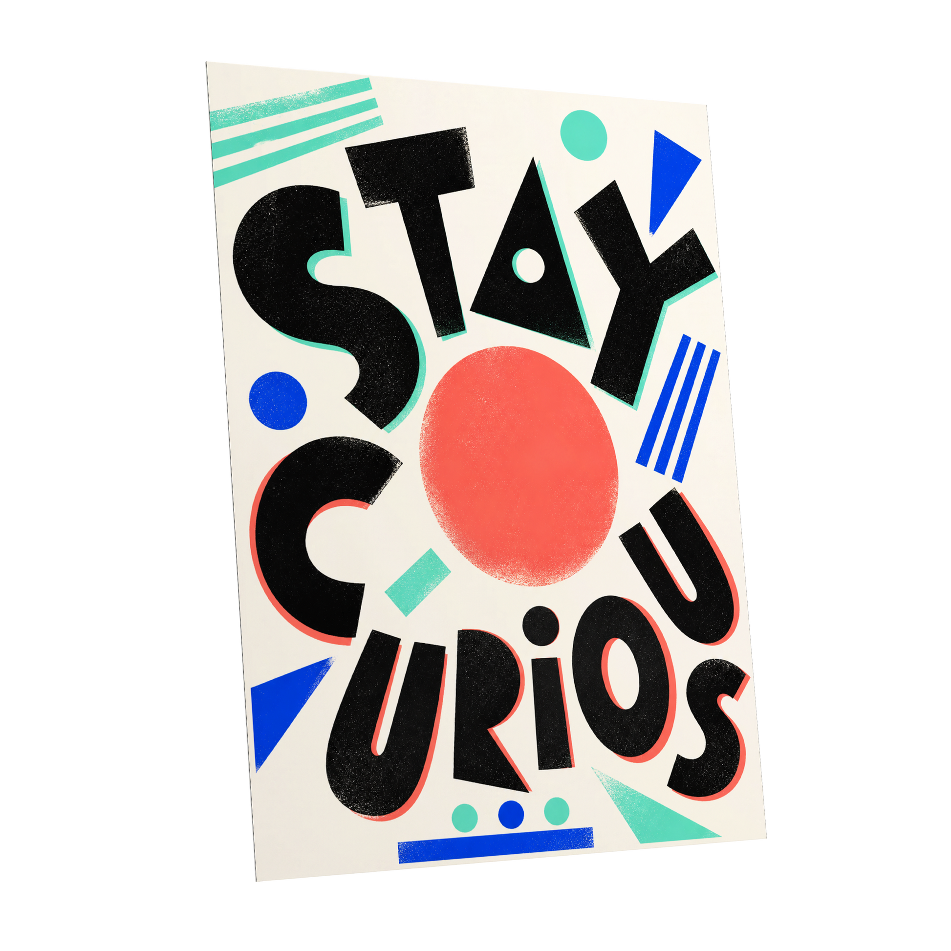 Stay Curious Geometry, black, beige, red abstract wall art shown as a unframed poster wall art print